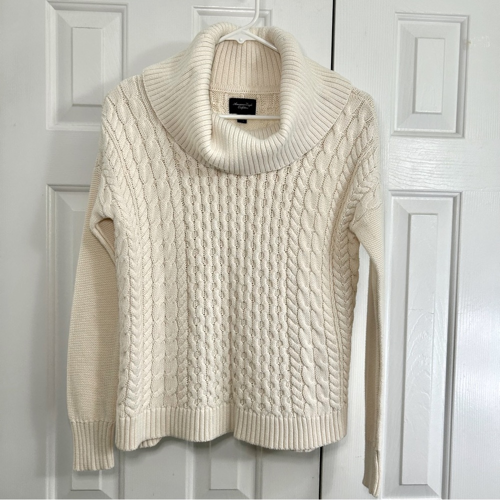 American Eagle Cream Cotton Cable Knit Chunky Cowl Neck Sweater Top Size Small